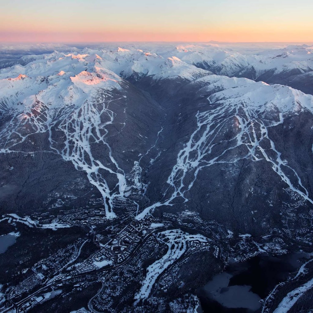 Whistler on the left and Blackcomb on the right, village in the valley